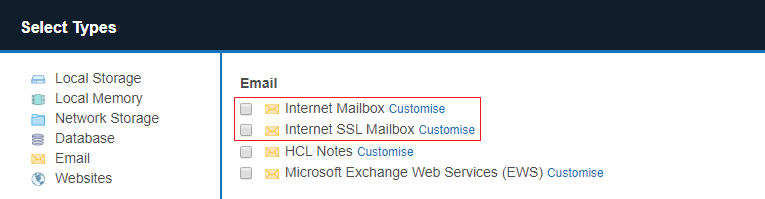 Select Email Target dialog box Select an Email Target type to scan.