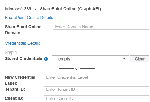 Dialog box to configure the path, credentials, and proxy agent for a SharePoint Online Target
