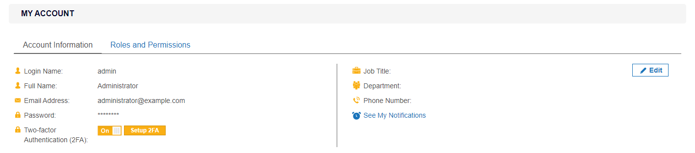 Reset 2FA for own user account Reset Two-factor Authentication (2FA) for own user account by clicking Setup 2FA in My Account Details page.