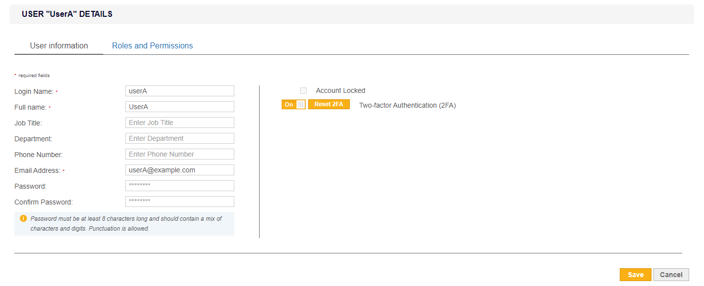 Reset 2FA for individual user account Reset Two-factor Authentication (2FA) for individual user accounts by clicking Reset 2FA in User Details page.