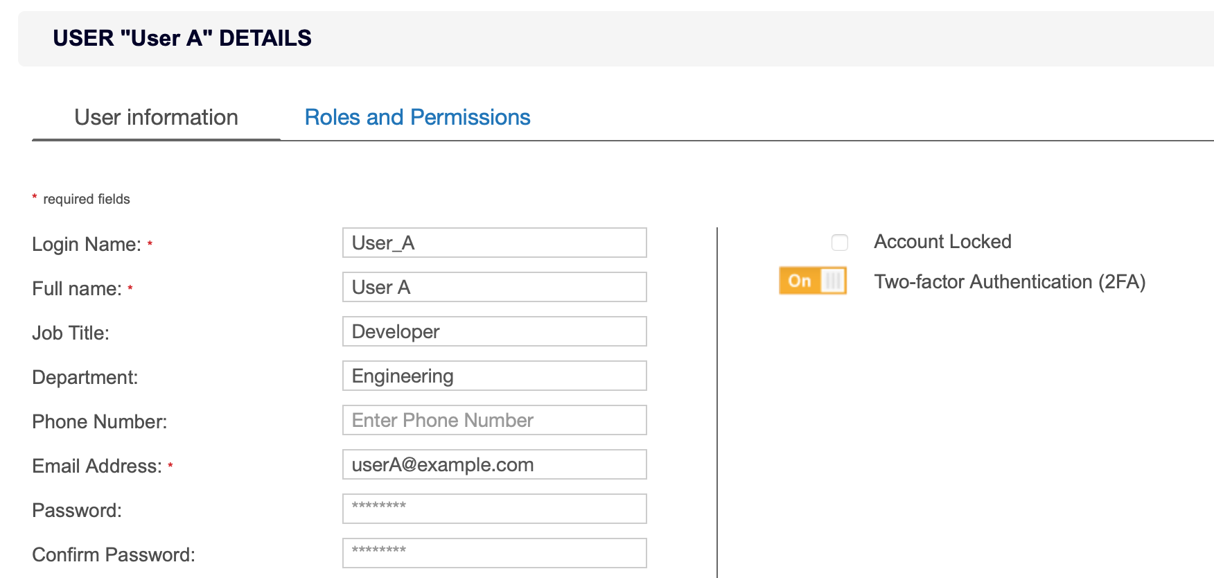 Enable 2FA for individual user in User Details page Two-factor Authentication (2FA) enabled for User A in User Details page.