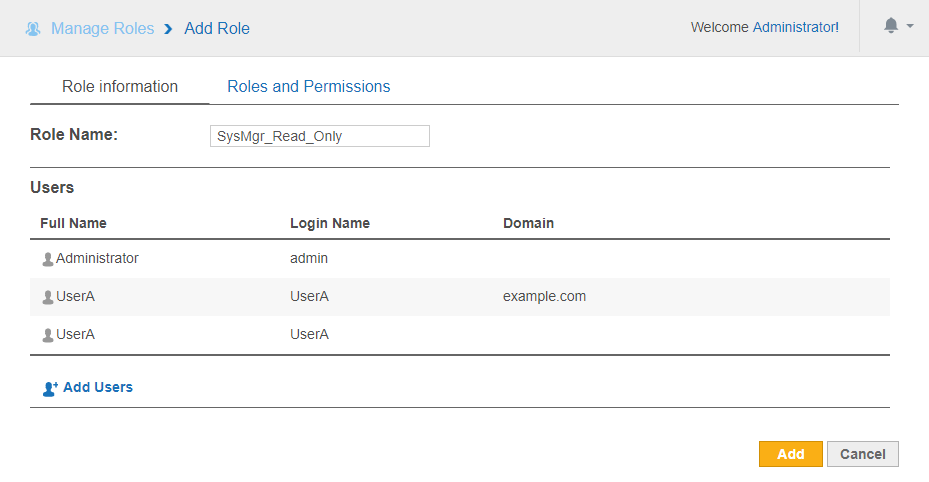 Role Information page Example of adding a new role "SysMgr_Read_Only" with three users assigned to the role.