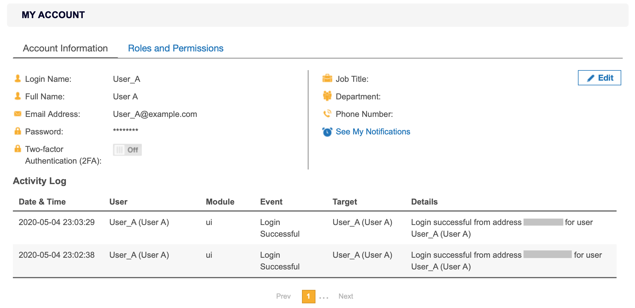 Account Information tab in My Account Details page My Account Details page displaying the account information for User_A.