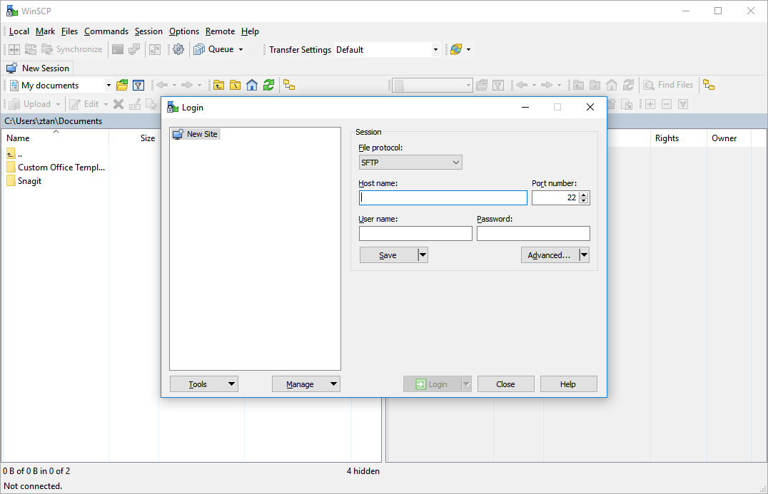 Windows SCP client Login dialog to configure the protocol, host name, user name and password to connect to the Master Server.