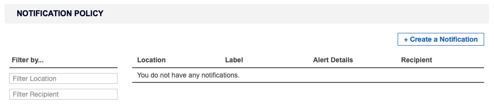 Notification Policy page to filter, create and delete notifications and alerts for events in Enterprise Recon 2.2.