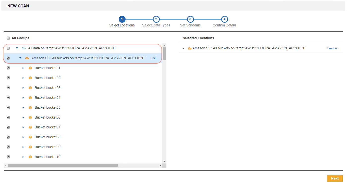 New Search page with "Amazon S3: All buckets on new target "AWSS3:USERA_AMAZON_ACCOUNT" selected as a scan location.