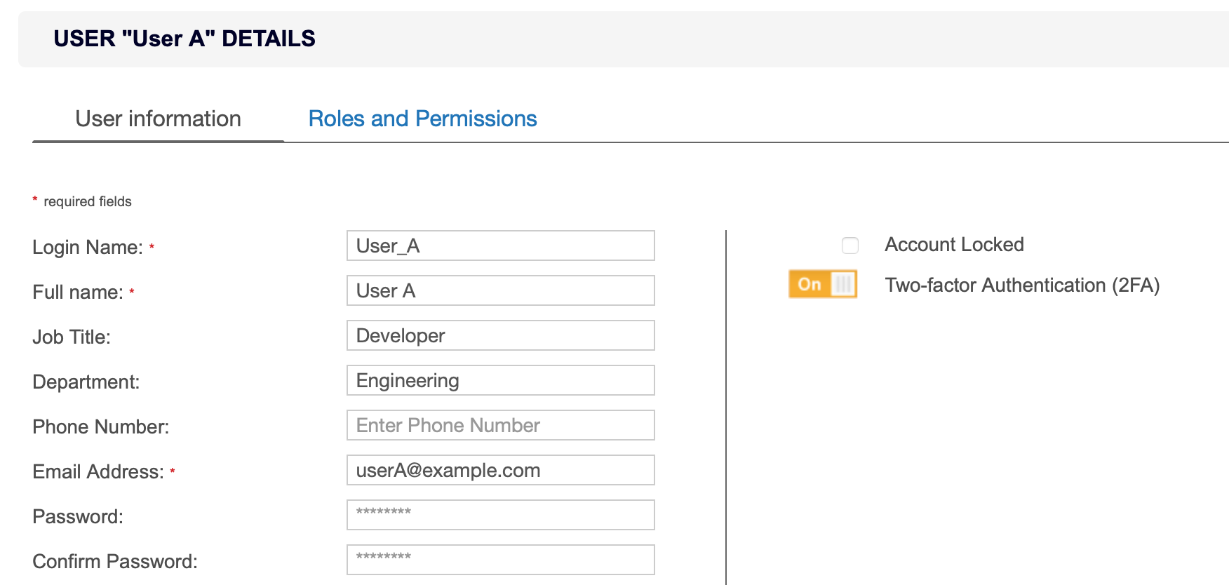 Two-factor Authentication (2FA) enabled for User A in User Details page.