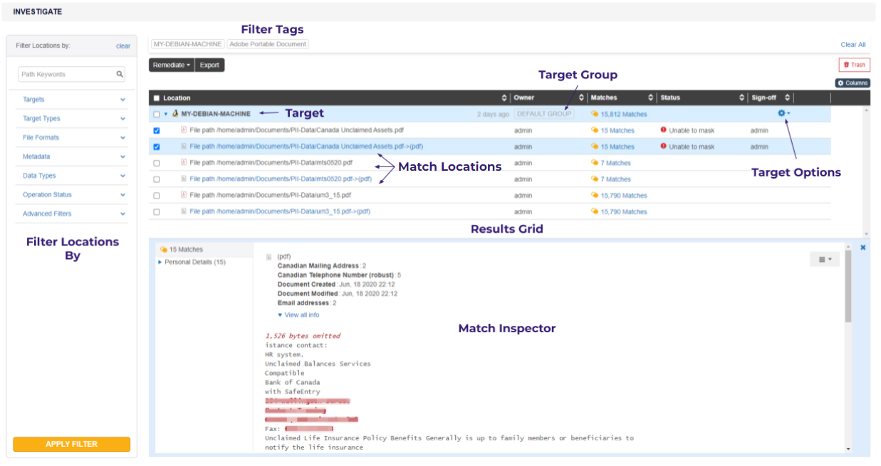 Components in the Investigate page.