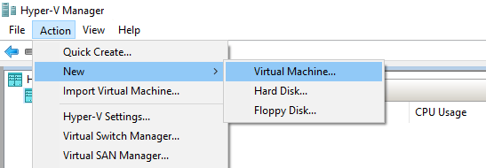 Go to Action > New and click on "Virtual Machine..." to create a new virtual machine in the Hyper-V Manager.